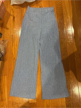 Vintage 1970s High-Rise Wide Leg Denim Linen-Blend Pants in Light Blue